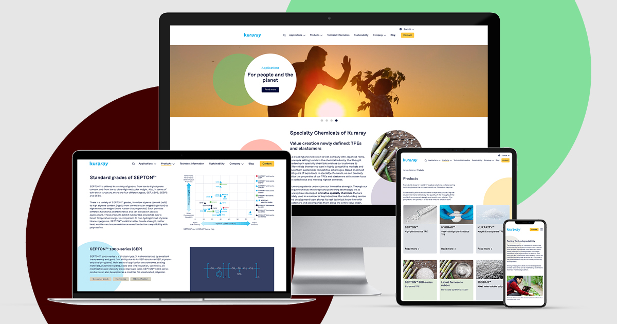 Mobile and desktop renderings of Kuraray's redesigned website.